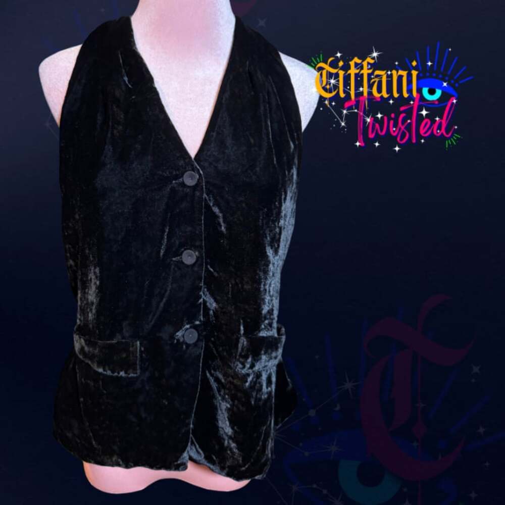 Free People Black Crushed Velvet Halter Vest Top, Button-Front Size M